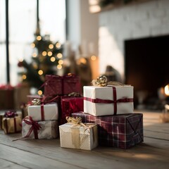 AI Generated Stack presents on wooden floor near fireplace dif