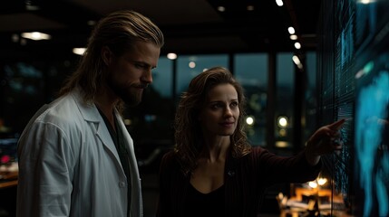 Two scientists in lab coats investigate a high-tech data center illuminated by colorful lights against a stormy backdrop