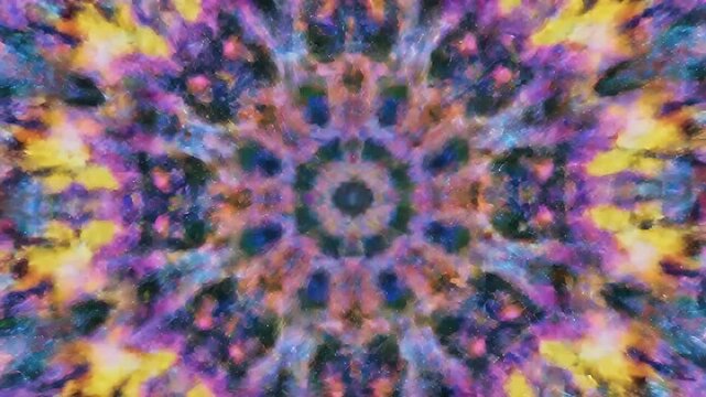 This mesmerizing abstract video features a kaleidoscope of vibrant, swirling colors, creating an intricate and dynamic symmetrical pattern. Rich shades of blue, purple, green, yellow, and pink blend h