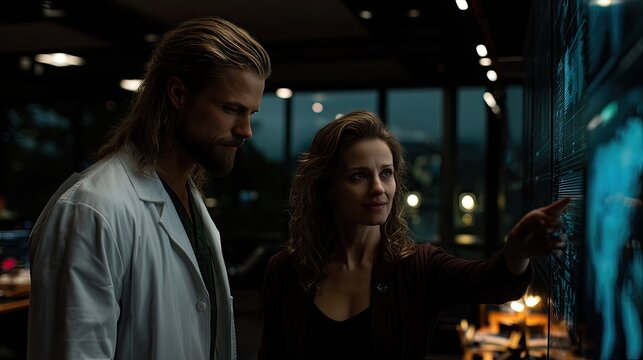 Two scientists in lab coats investigate a high-tech data center illuminated by colorful lights against a stormy backdrop