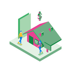3PropertySelling. Isometric illustration of a couple looking at a house with a dollar sign above it isolated on white background.