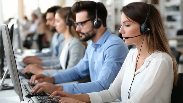 Focused Support Specialists: A line of dedicated professionals, engrossed in their roles as they provide seamless customer support and efficient communication through their headsets.