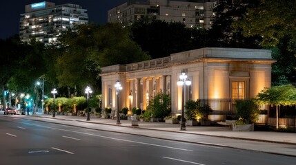 Naklejka premium A charming historic structure stands bright at night, framed by trees and city lights, creating a serene urban oasis for visitors