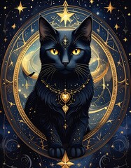 Celestial black cat, adorned with jeweled necklace and stars
