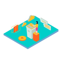 Obraz premium 9Unsubscribed. Isometric illustration of a person interacting with digital elements isolated on white background.