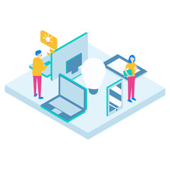 29Inspiredwithideas. Two people collaborating on a project with a lightbulb idea symbol isolated on white background.