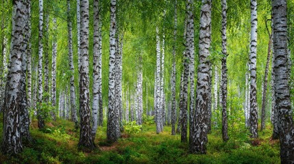 Obraz premium Paper birch forest at Dawn