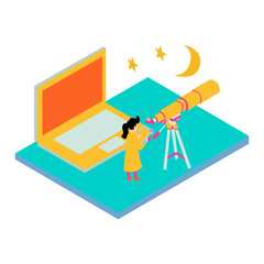 45Science. Astronomy concept with girl using telescope and laptop isolated on white background.