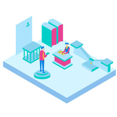 45Lawsuits. Isometric illustration of people interacting with books and a microscope isolated on white background.
