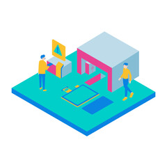 47Maintenance. Two people interacting with technology and architecture isolated on white background.