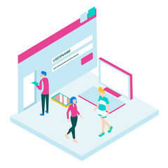 55Signin. People interacting with a digital interface for login and access isolated on white background.