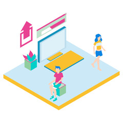 57Uploading. Isometric illustration of people and office desk isolated on white background.