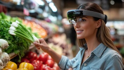 Shopping in a New Reality: A woman wearing augmented reality glasses in a supermarket, selecting fresh produce with a smile, blending technology and everyday life. - Powered by Adobe