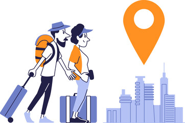 Travel concept illustration with a couple of tourists arriving in a city, carrying luggage and looking at a location marker.