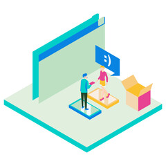 58Success. Two people interacting with a digital interface and a package isolated on white background.