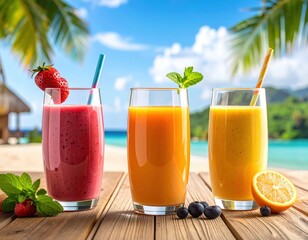Tropical Fruit Smoothies on Wooden Table at Beach with Turquoise Water