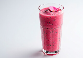 Elegant tall glass of vibrant pink Indian Rose Sherbet, garnished with basil seeds and a delicate floating rose petal.