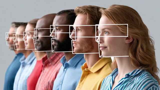 Diverse Faces: A row of diverse individuals stand side by side, each with a digital overlay highlighting their facial features.