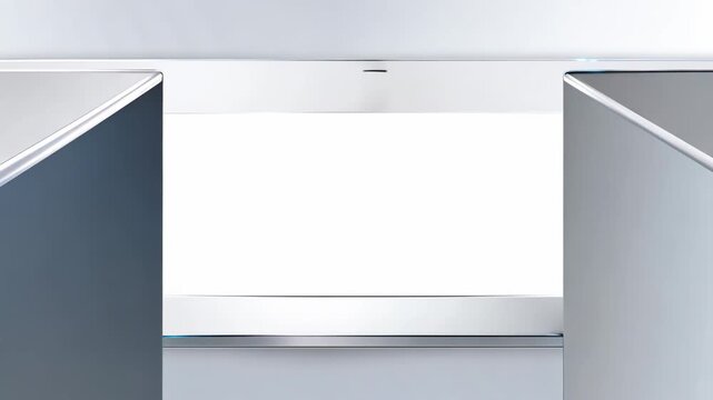 Dynamic sequence of a sleek, modern display frame opening, revealing a bright, empty screen area, showcasing innovative design and potential for creative content presentation
