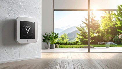 Digital Tablet Displaying Wireless Signal Mounted on White Wall in Modern Interior