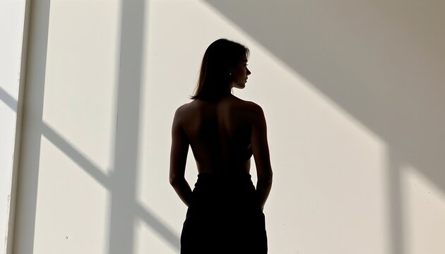 A person standing in front of a large window, which appears to be casting soft light on them