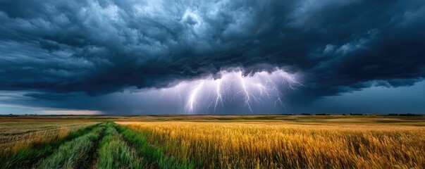 Storm clouds flashing with fierce lightning concept. Dramatic storm clouds with lightning over a golden field.