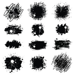 Collection of twelve black grunge brush strokes