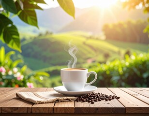 Coffee Cup Steaming on a Wooden Table with Coffee Beans Green Hills and Sun Flare Backdrop