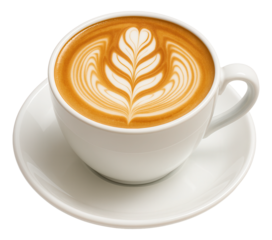 Flat white topped with intricate rosette latte art in a white porcelain cup on a saucer.