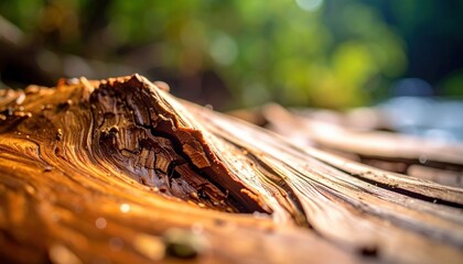 Close Up View of a Weathered Wood Log with Textured Surface Illuminated by Sunlight in Nature