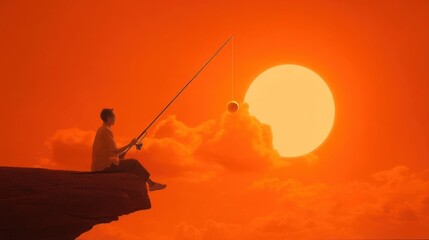 A solitary figure sits on a steep cliff edge silhouetted against an orange sky holding a fishing rod with bait clouds an