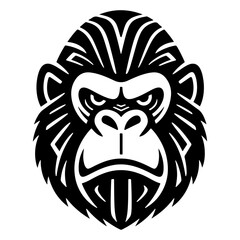 The image is a bold, black and white tribal-style vector logo of an angry gorilla's face, featuring intricate symmetrical patterns across its forehead and fur.