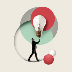 Surreal collage with businessman and light bulb symbolizing innovation, creativity, and new ideas....