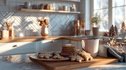 A plate of cookies and a cup of coffee on a wooden cutting board