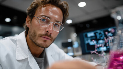 Fototapeta premium A focused male scientist captures attention with his intense gaze, highlighting the modern laboratory environment filled with innovative equipment and vibrant experiments.