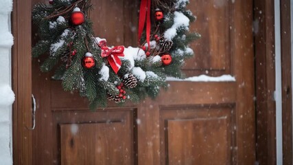 Festive christmas wreath adorning a rustic wooden door in a snowy scene. - Powered by Adobe