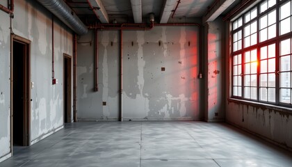 An industrial interior with exposed pipes and ducts running along the ceiling. A large door on one side has a single window letting in natural light that contrasts with the otherwise dim room