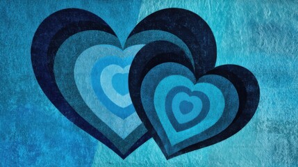 Two overlapping hearts share concentric patterns in varying shades of blue against an abstract turquoise background,