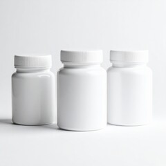 Three White Plastic Medicine Bottles Isolated on White Background Studio Shot
