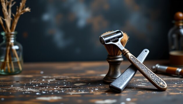 A rustic themed shave kit with a wooden base, a vintage razor with a metal brush, and a small flask of shaving oil