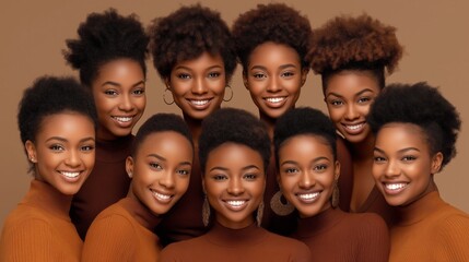 Fototapeta premium Group of young women smiling together wearing matching outfits with natural hairstyles in a warm setting