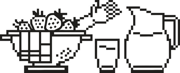 Pixel art illustration of strawberries in a colander with a pitcher and glass