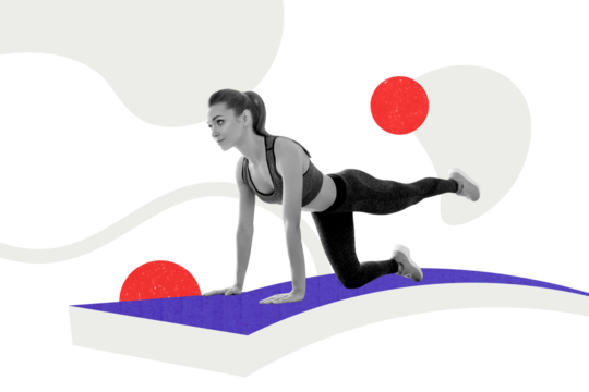 Creative collage picture young attractive fit sportswoman intense training leg stretching practice bodycare drawing background