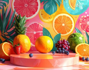 Vibrant Fruit Arrangement Featuring Oranges Grapes and Pineapple on a Pink Pedestal with Tropical Foliage Background