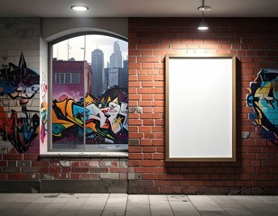 Urban Scene Featuring Graffiti Art on Brick Walls with Window View and Blank Poster in Dim Lighting