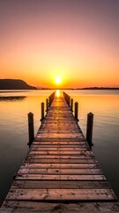 Obraz premium Wooden pier extending into a lake at sunset