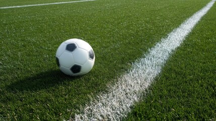 A standard black and white football rests on a well maintained green pitch with crisp white boundary lines marking the o