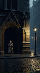 A frightened woman walks into an arch on a dark city street
