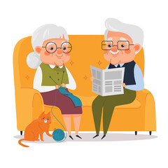 Cute elderly couple sitting on a sofa. Grandma knitting, grandpa reading a newspaper, orange cat playing near them. Cozy home scene, retired life, family comfort and happiness concept