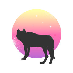 Celestial emblem with wolf silhouette on colorful moon background. Vector illustration